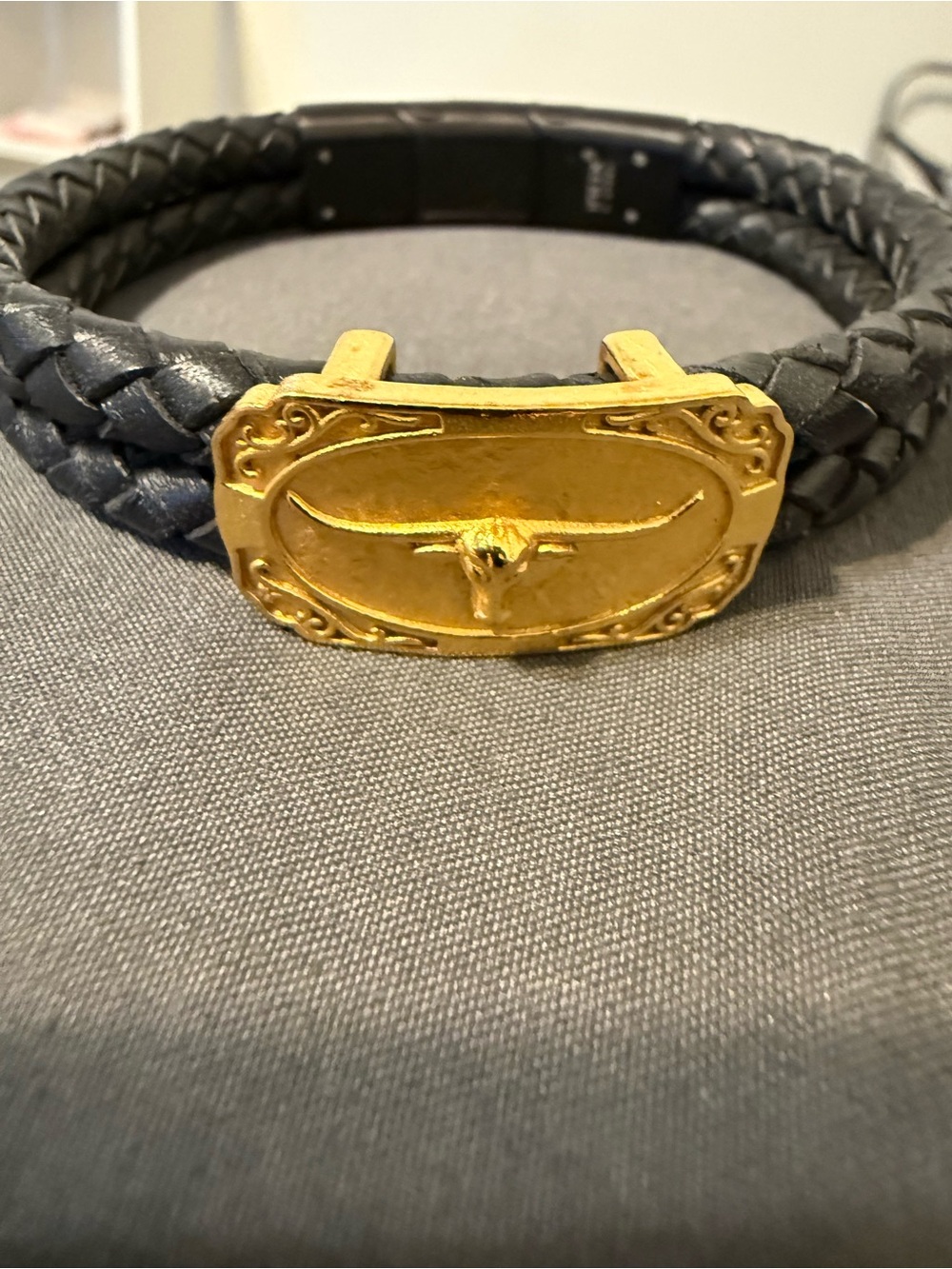 Black Braided Leather Bracelet with Gold Longhorn Plate